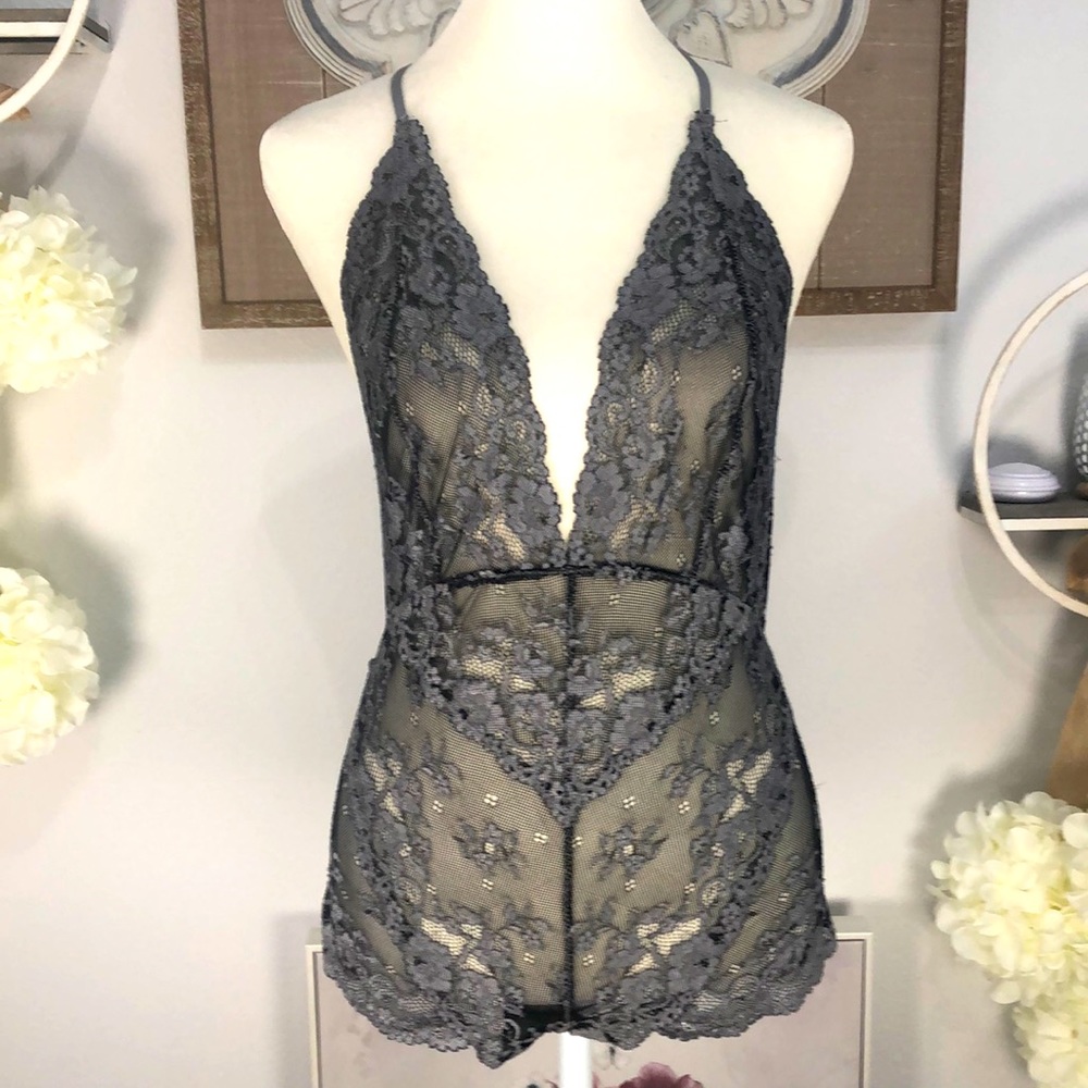 NWOT! Free People Intimately black & silver lace one piece. Sz XS